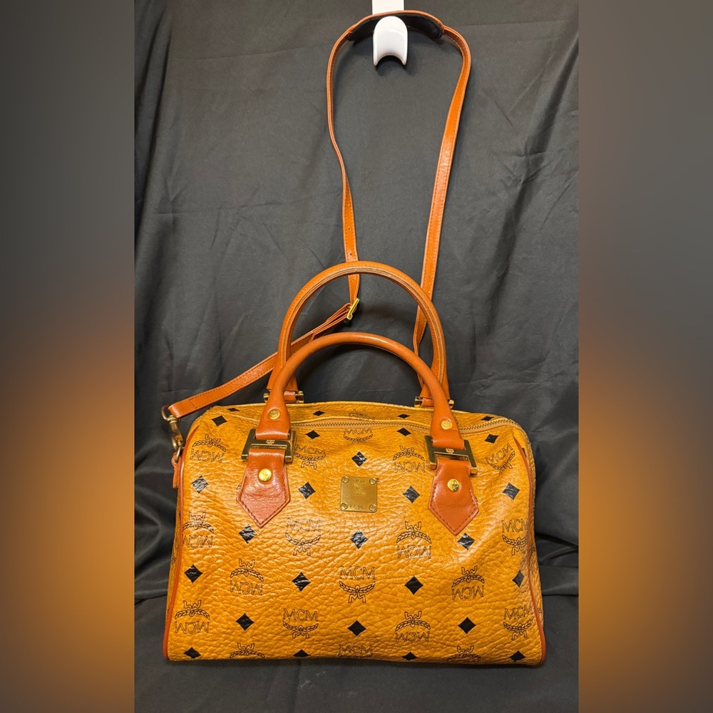MCM Cognac Monogram Visetos Boston Bag w/ Zipper Closure - Top Handle/Crossbody